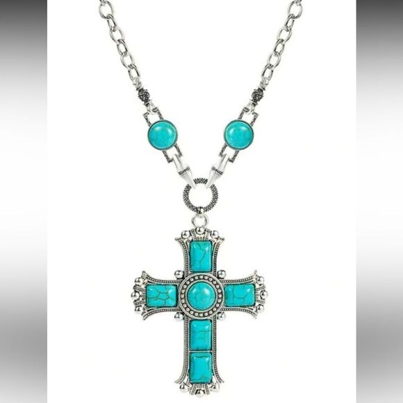 Turquoise Silver Cross Necklace A1264 - Picture 1 of 3